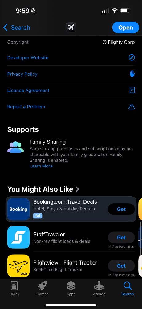 App Store page for Flighty that states it supports family sharing.