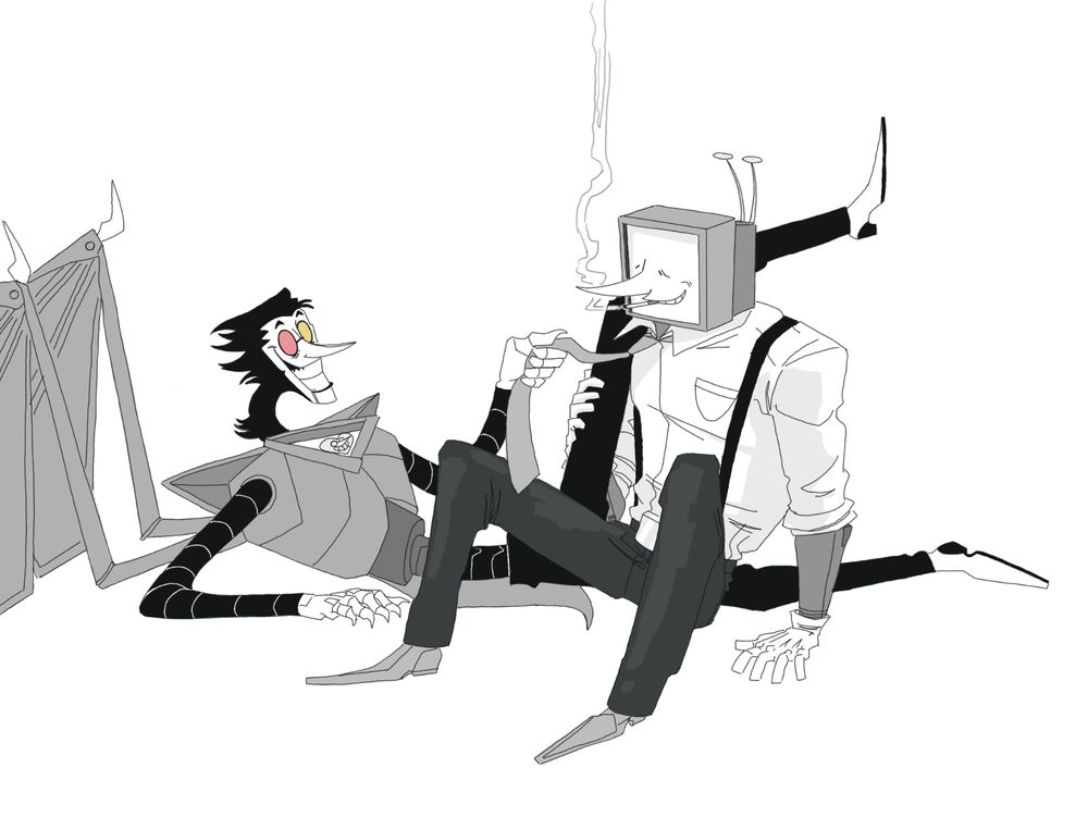 Spamton Neo and Tenna are lounging around together. Spamtons leg rests on Tennas shoulder and Spamton holds Tennas tie. 