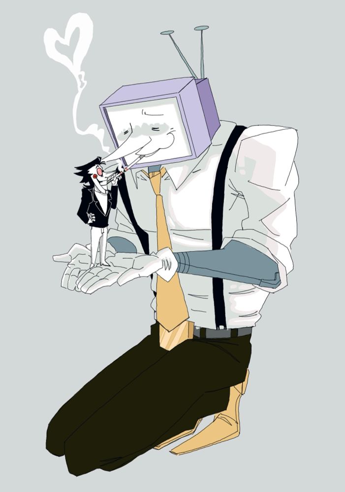 Spamton is standing on Tennas open palms. Both Spamton and Tenna have cigarettes and are lighting their cigarettes off each other. 