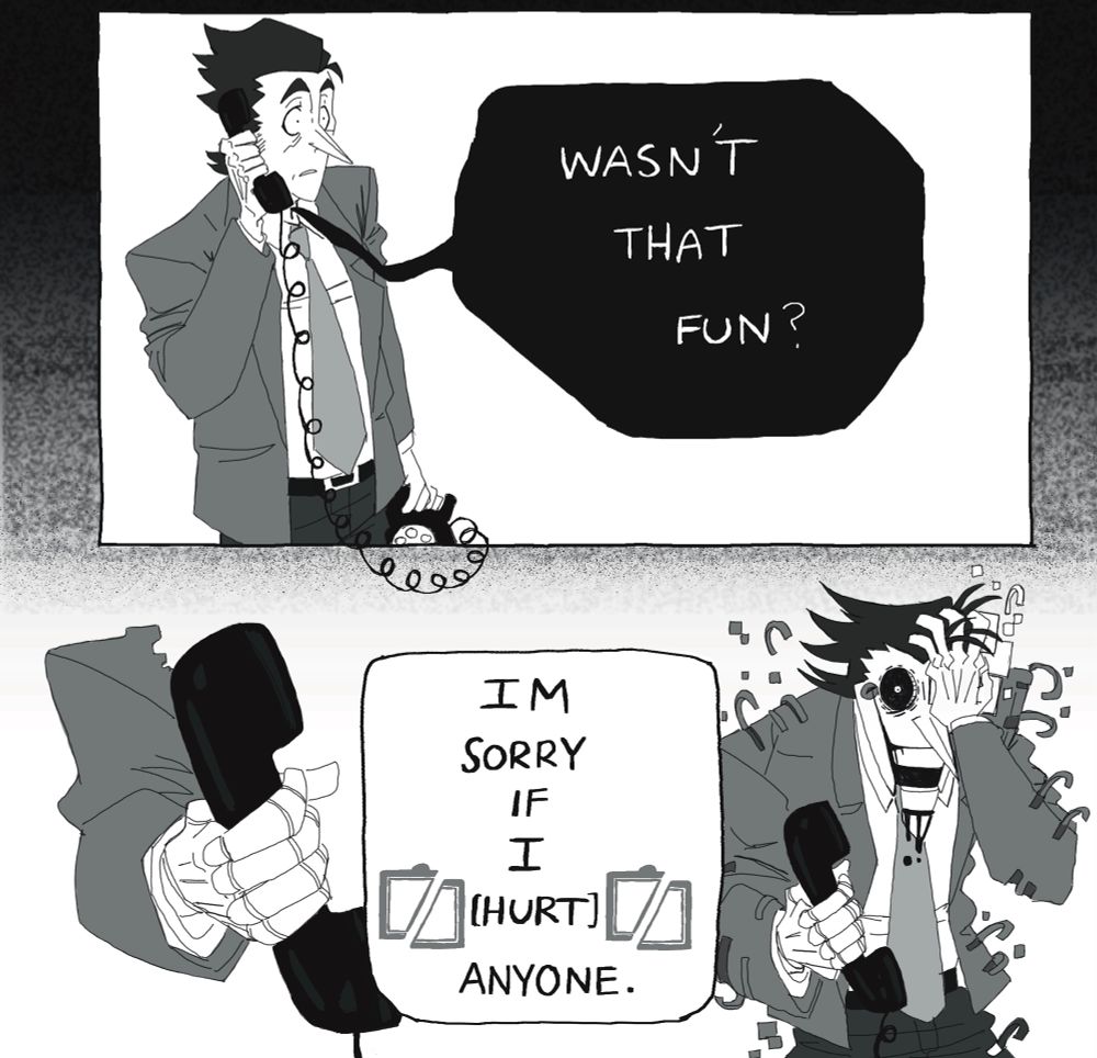A short comic shows Big Shot Era Spamton on the phone. In the next panel he has a puppet hand holding the phone. The final panel is Spamton transforming into a puppet version of himself. 
