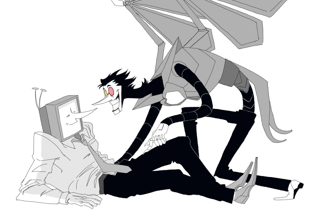 Spamton Neo is crouched over Tenna, a finger sliding on his leg. 