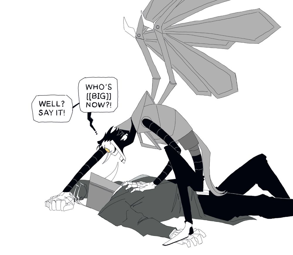 Spamton Neo sits on top of Tenna chest. One of his shoes is on Tennas hand while one of his arms olds Tennas other arm over his head in a pinned position. 