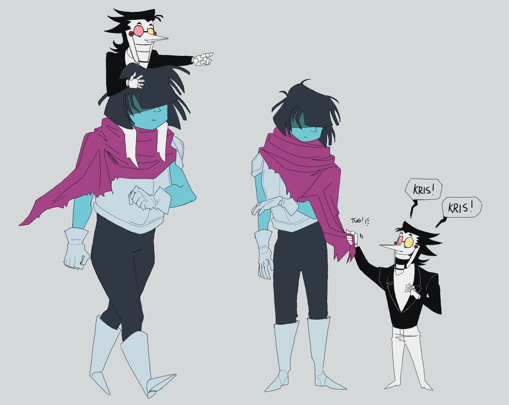Two drawings of Kris and Spamton. Spamton rides of Kris shoulders, pointing them in a direction. Spamton tugs on Kris’ cape. 