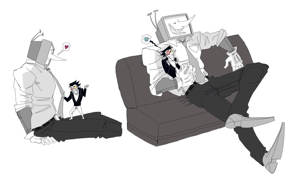 Two drawings. Spamton stands on Tennas lap and is grabbing his tie as he rants. Tenna looks smitten. Tenna lounges and laughs on a couch with a flustered looking Spamton in one of his arms. 