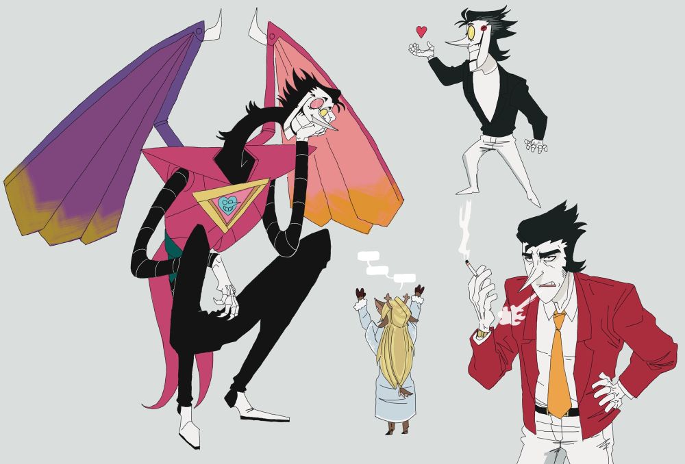 Some drawings of Spamton. Spamton Neo crouches down as he listens to Noelle talking. Spamton holds a heart like soul in a hand. Big shot era Spamton smokes a cigarette, looking annoyed. 