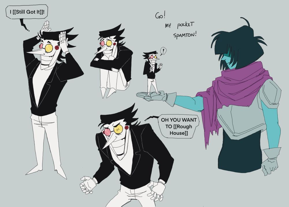 Multiple drawings of Spamton in different poses. In one Spamton is smoothing back his hair. In another he’s sitting hugging his knees. In a third his posture is manic. In a fourth Kris has their palm out and Spamton looks surprised as he stands in their open palm. 