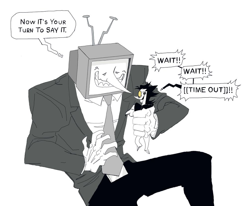 Tenna holds up small Spamton and is grinning dangerously. 