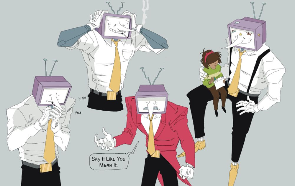 Multiple drawings of Tenna in different poses. In one Tenna is trying to light a cigarette. In another he clutches his head with anxiety. In a third his posture is angry. In the fourth Kris sits on his lap and is peeling another sticker to put on Tennas face. 