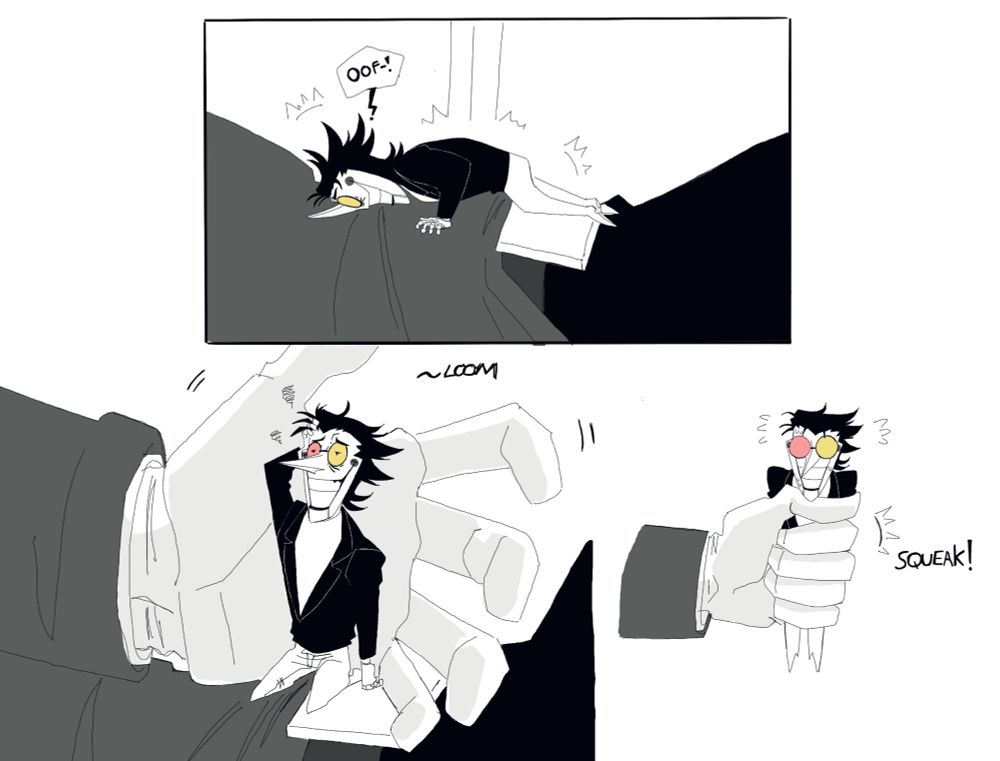 In a comic format Spamton now his normal small form lands on Tenna abdomen. Spamton is still dazed as Tennas huge hand grabs him up roughly. 