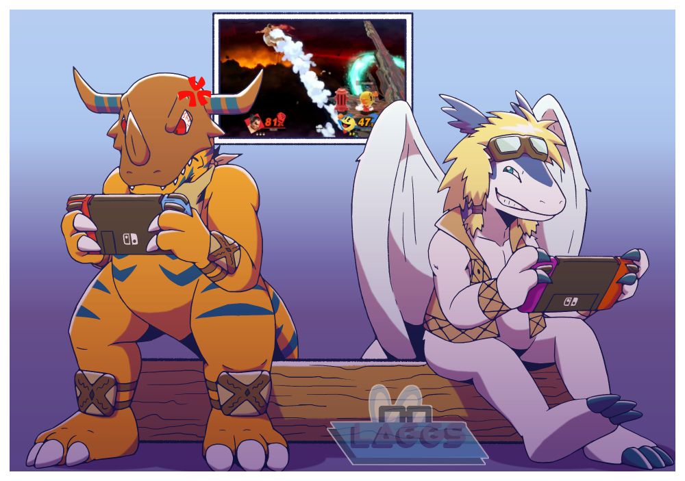 Gio (Greymon) and Caelum (Windragon) playing Smash Ultimate, but one of them is losing hard. Both characters belong to Reptek Zakano. 