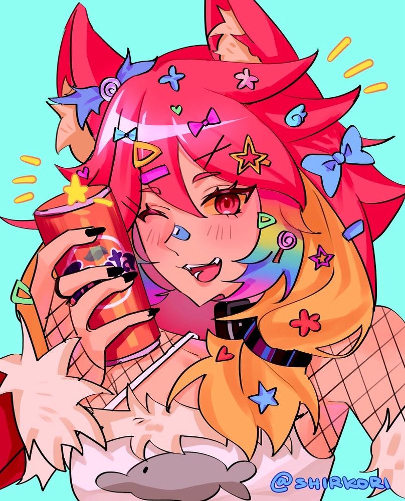 Prism holding up her favorite drink, Fanta, next to her cheek. She winks and has her mouth open in a happy expression. There's a bright teal background behind her, and a little yellow star next to her face as well. The art credits are "@shirkori" with blue text at the bottom right!