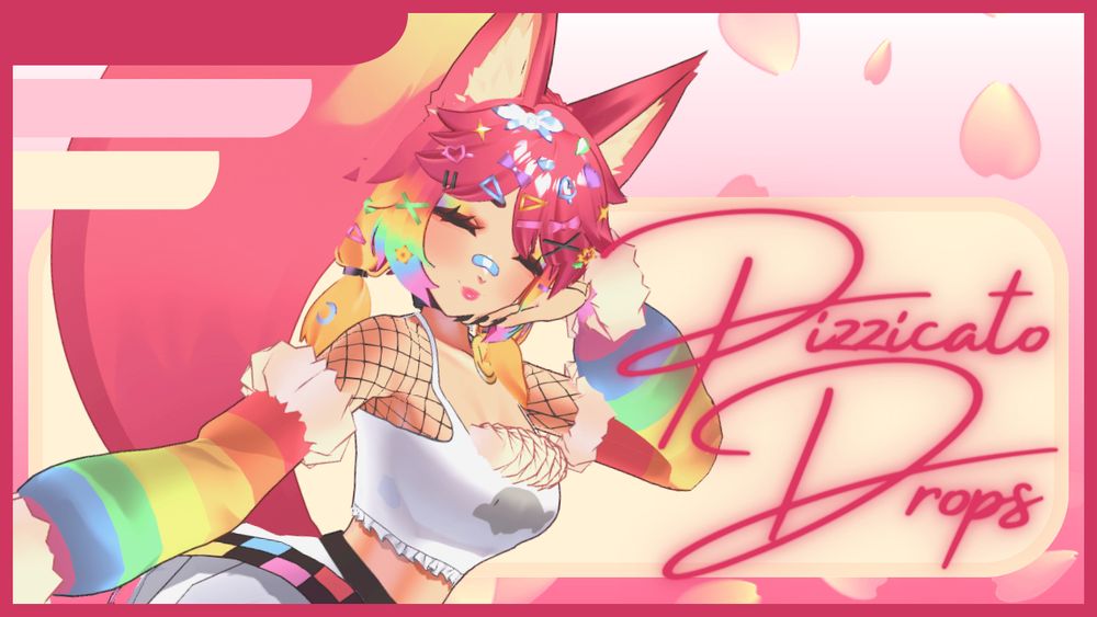 A delicate color scheme of pinks and creams with 3D Prism to the left, her eyes closed and her right hand resting under her chin. She looks very peaceful. There are cherry blossom petals floating from above, next to her is text reading: "Pizzicato Drops" in a pretty, dark pink, cursive font.