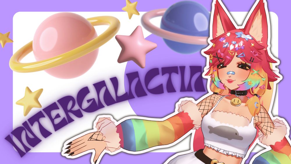 3D Prism is on the right side, with a more smug facial expression. Her arm is delicately swinging to the left, her hand is open. There are planets behind her and the text reading: "INTERGALACTIA". The color scheme is very purple-y to replicate a space theme.