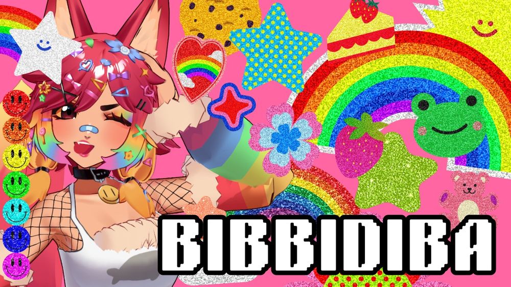 To the left, 3D Prism has her hand on the right side of her head, winking with her right eye and sticking her tongue out. She looks very spunky! Rainbows, sparkley frogs, smiley stickers, spotted stars, cookies, ETC. are sporadically everywhere on this thumbnail. It creates almost a sticker book feel! There's white pixel font outlined with black reading: "BIBBIDIBA".