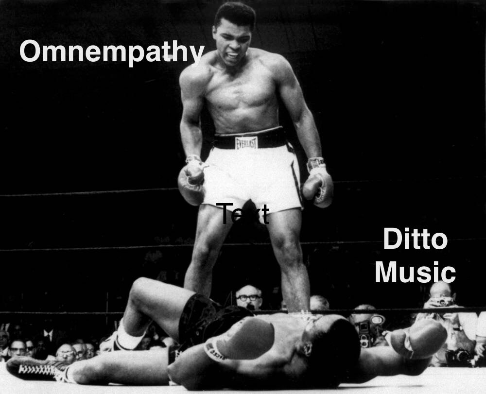 image shows Muhammad Ali standing over a defeated opponent. The image is employed as a visual metaphor for Omnempathy Label's overcoming of obstructions placed by the digital distributor Ditto Music over the submission of an album by Verloren Schatten to the Apple Store