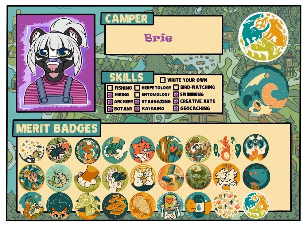 Camp Chimera camper card for little Brie filled with all of the primary merit badges for camp completed.