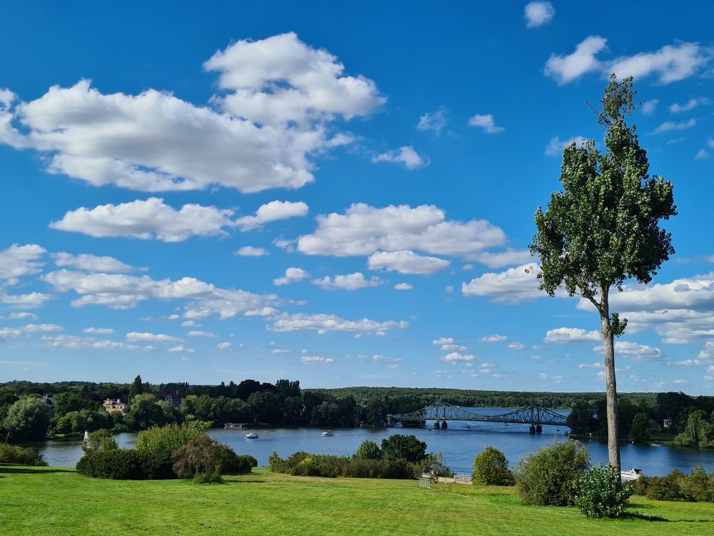 Wolken am blauen Himmel, rechts ein hoher Baum, ein Fluss, im Hintergrund eine Brücke inder Fernedie Horizontlinie über einem Wald