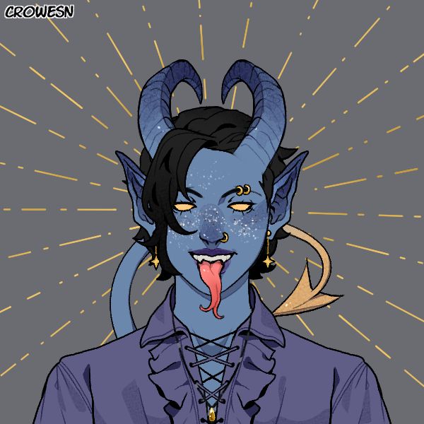 more of a punk version of Kaladin Citlali, my divine soul sorcerer tiefling OC, with his tongue out and golden tipped tail on his blue skin