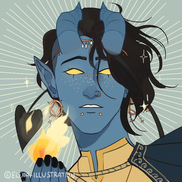 A blue skinned tiefling young man with golden eyes, lots of facial jewelry, and dark black hair. This is Kaladin before he went on the job that took him to a dangerous island where there was no communication with the outside world.