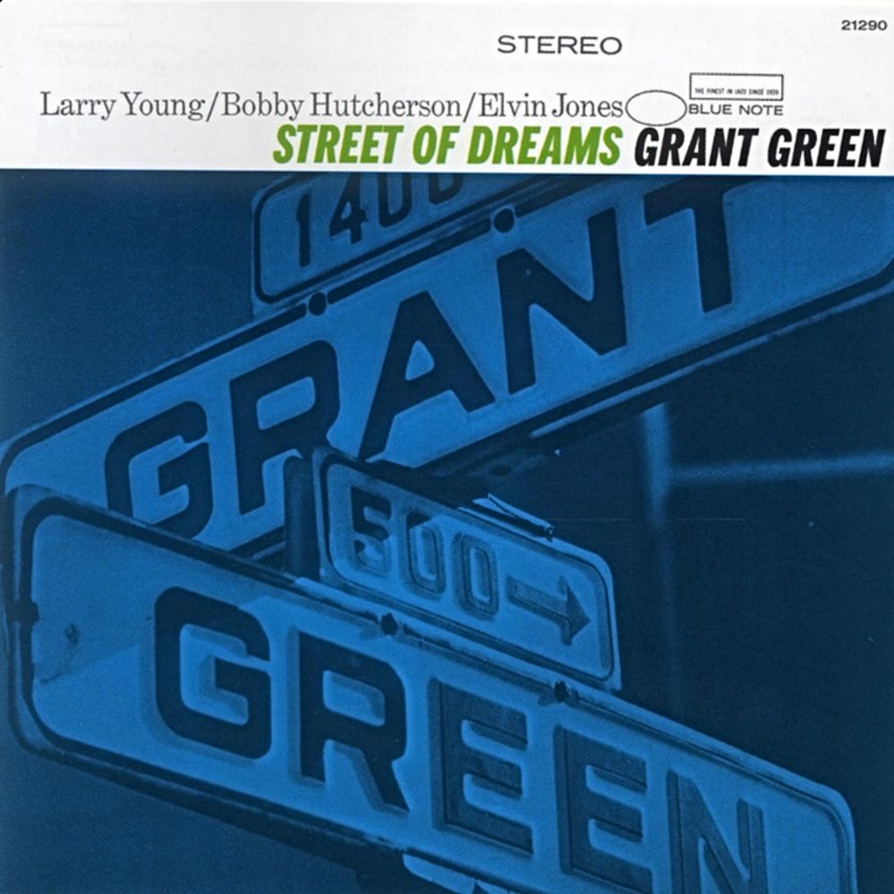 'Street of Dreams' (Blue Note 1967): the prolific Green's second session with organist Larry Young (and Bobby Hutcherson, Elvin Jones, no bassist) features only four tracks but they're long mood pieces with an ultra cool vibe (and vibes!); this one is mellow and dreamy too. Larry Young and Elvin Jones played on three of Grant Green's albums: this one, 'Talkin' About!,' and 'Into Somethin'.'