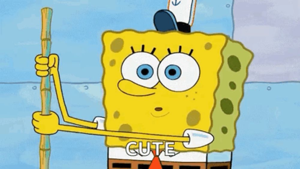 a cartoon of spongebob holding a stick that says cute on it