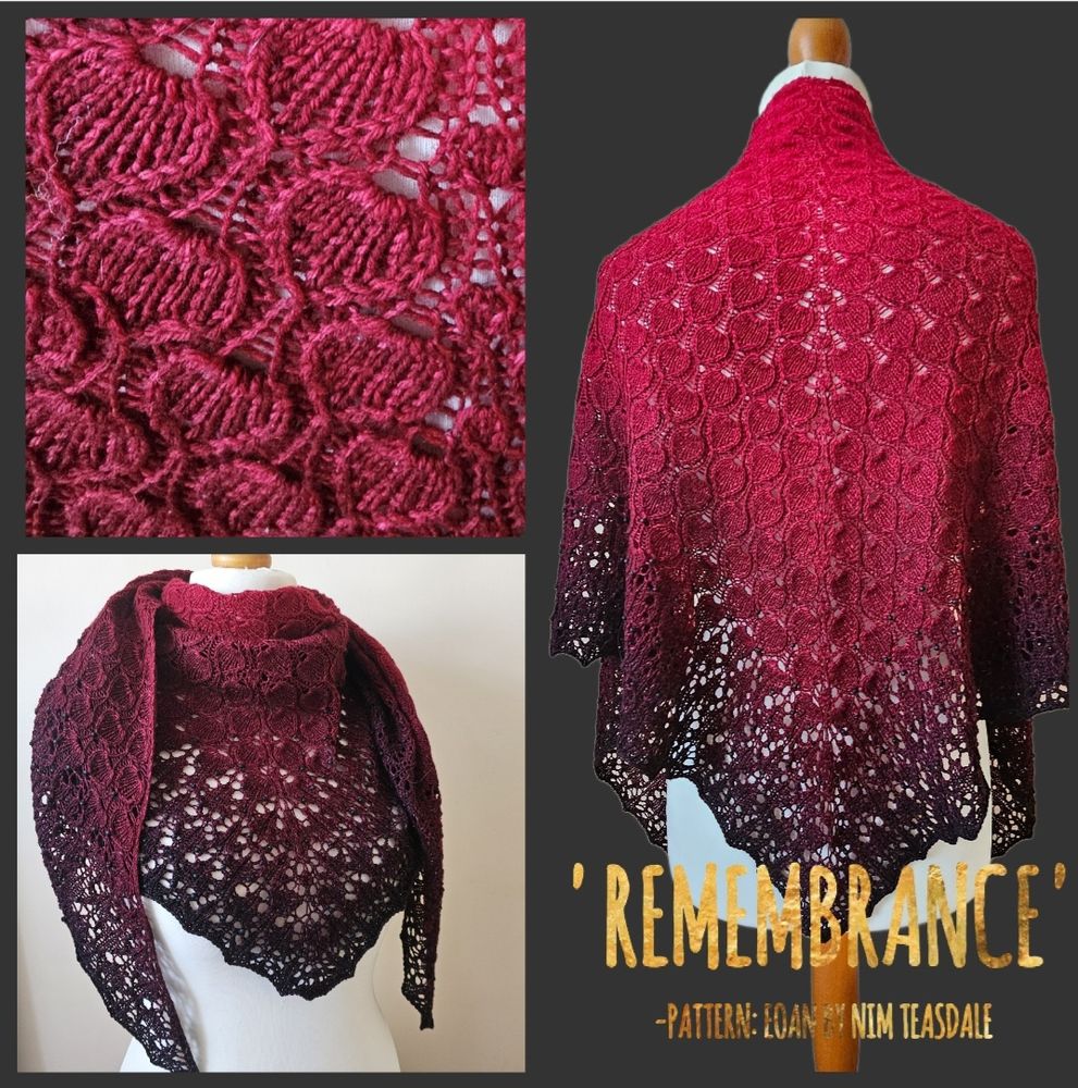 The photo collage of a beaded lace knit triangular shawl in a red to black gradient.  Knit in poppy colours to mark Remembrance Day. 