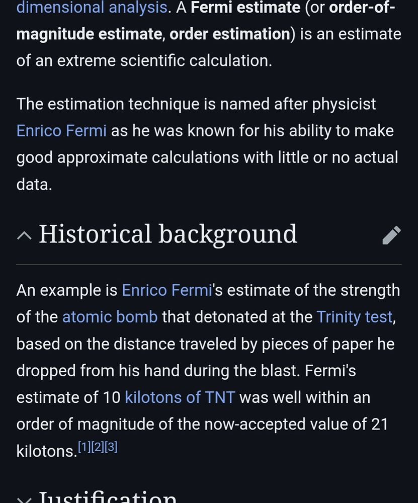 Text from Wikipedia summarising Enrico Fermi's paper drop test