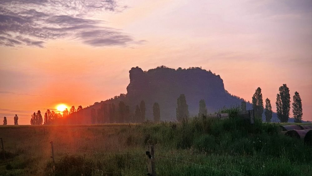 Sonnenaufgang im Elb-Sandstein-Gebirge. Im Vordergrund eine Wiese, dahinter eine Reihe Pappeln und im Hintergrund der Lilienstein, an dessen linker Flanke die Sonne gerade orange-rot aufgeht.