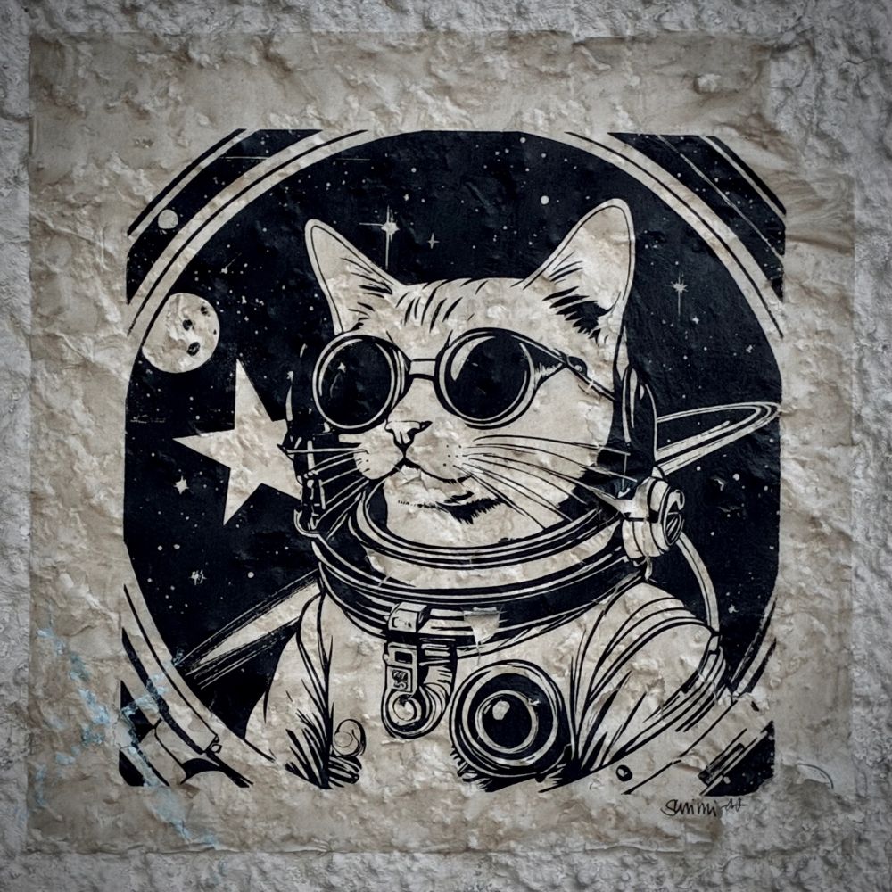 Aufkleber einer schwarz weiß Illustrierten Katze in einem Astronatenanzug ohne Helm mit Gletscherbrille klebt auf einer rauen, weiß verputzten Wand.