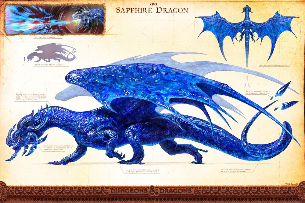 Design sheet illustration of a sapphire dragon, a dragon made of sapphires I guess 