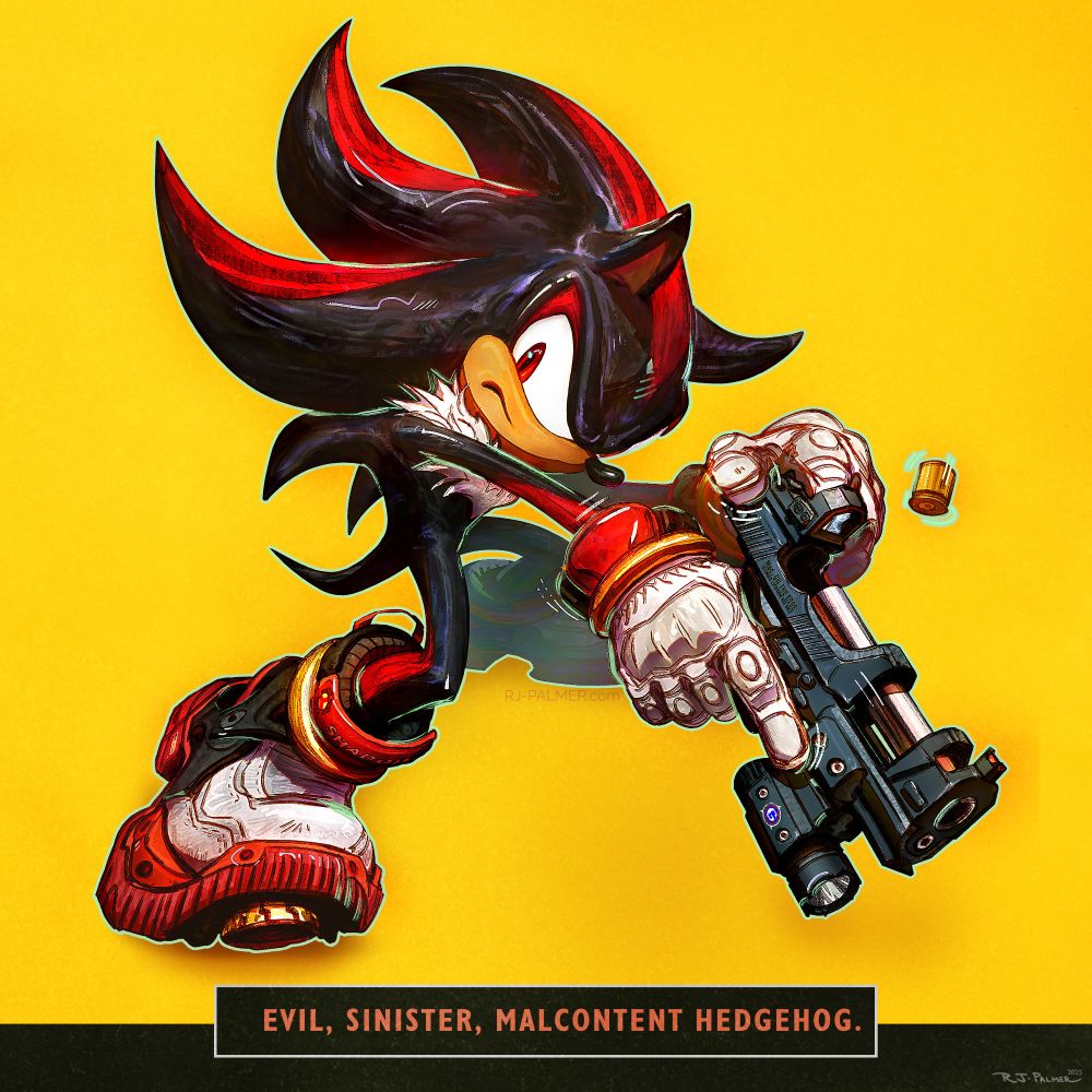 shadow the hedgehog in a his cool boy pose pulling the slide back on his silly tacticool pistol 