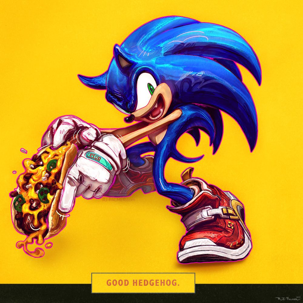 Sonic mocking Shadow's serious cool boy pose by pulling back his fully loaded chilidog