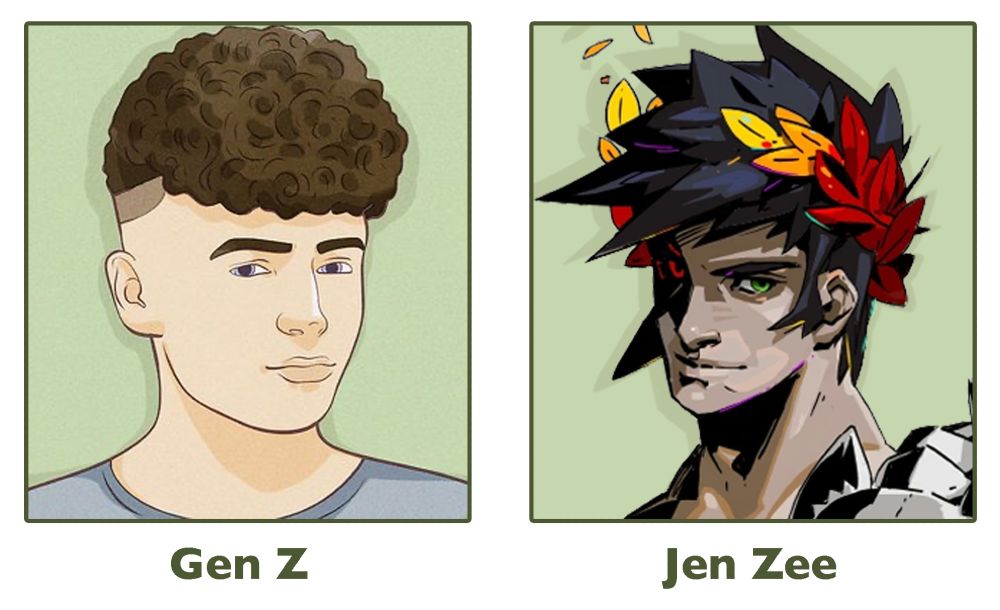 wikihow illustration of a broccoli haircut gen z boy next to a portrait of the  hades character drawn by the artist Jen Zee. They have similar haircuts