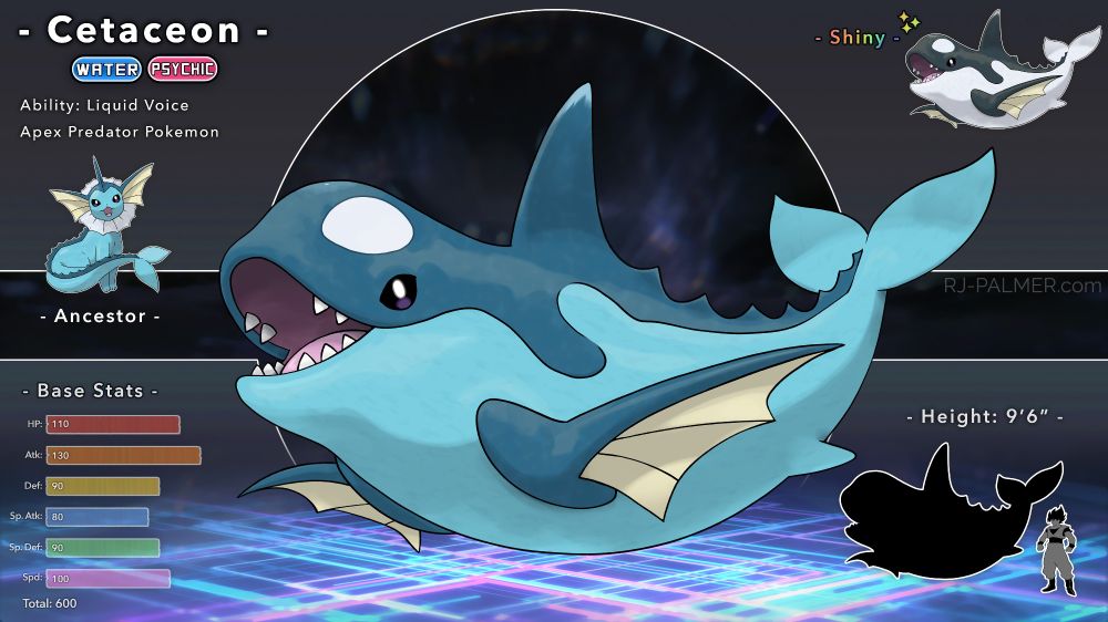 Cetaceon, the evolutionary descendant of Vaporeon. A big sweet orca inspired pokemon. Goku for scale.  