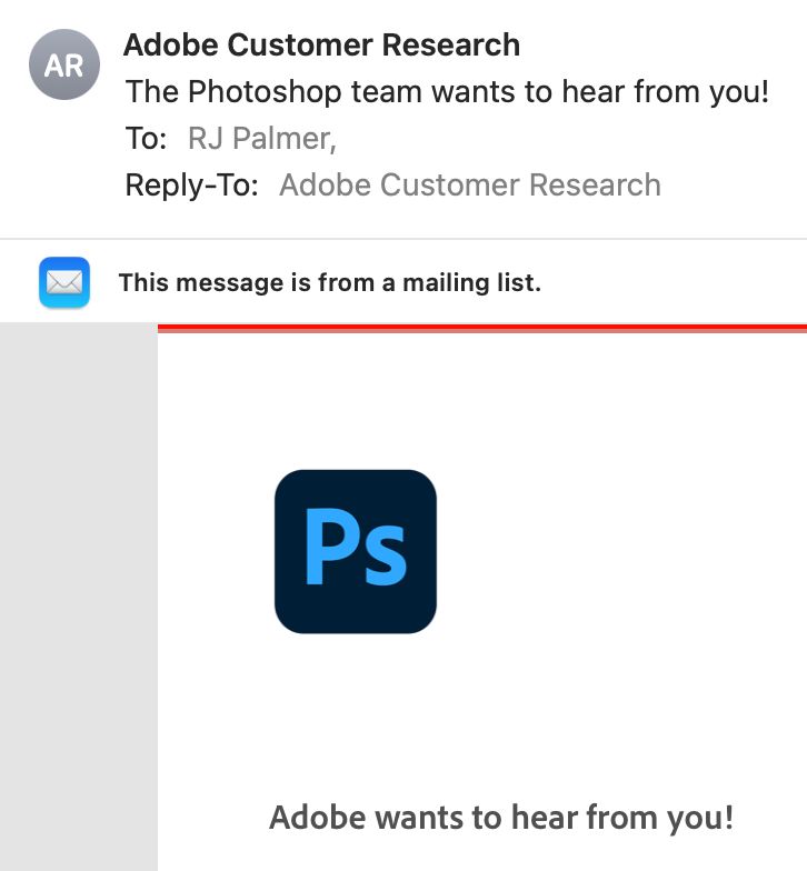 screenshot of an email saying Adobe wants to hear from you! 