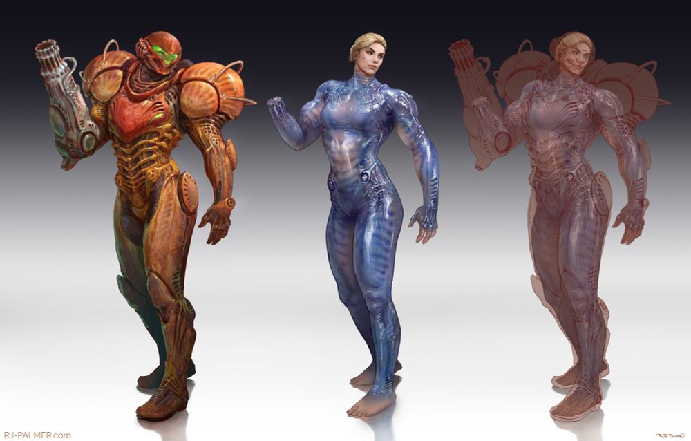 Samus with her Varia Suit, Zero Suit, and transparent Varia Suit to showcase details of how it fits her. Also yes she has a missing hand because I think that both fits into a cannon better and is just cooler.