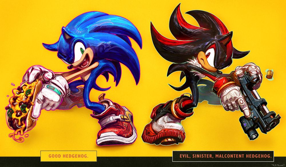 stylized illustration of Sonic the hedgehog and Shadow the hedgehog. Shadow is cocking a gun and Sonic is mockingly cocking a chilidog 