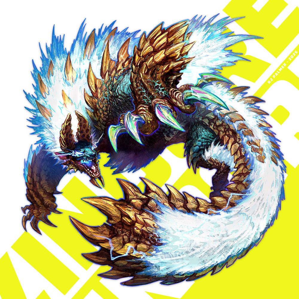 Illustration of Zinogre from Monster Hunter in fully charged state. When I first saw Zinogre 15 years ago I was not really into him. However seeing him go super saiyan and start breakdancing in game turned me around pretty quick.