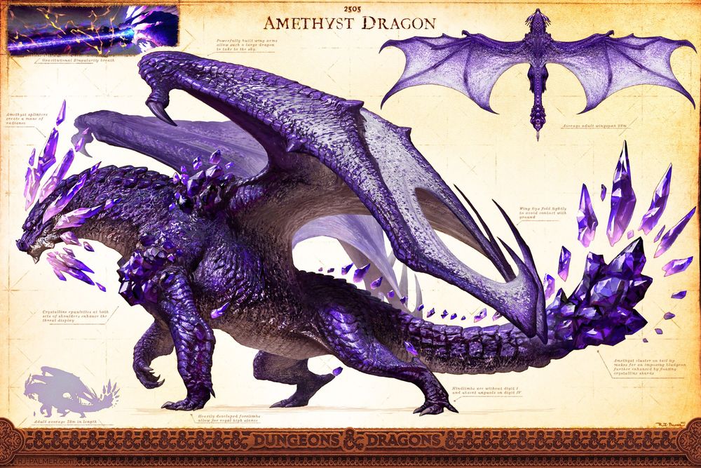 Amethyst dragon design sheet I did. I spent way too long working on that faux bestiary page layout, please appreciate it. 