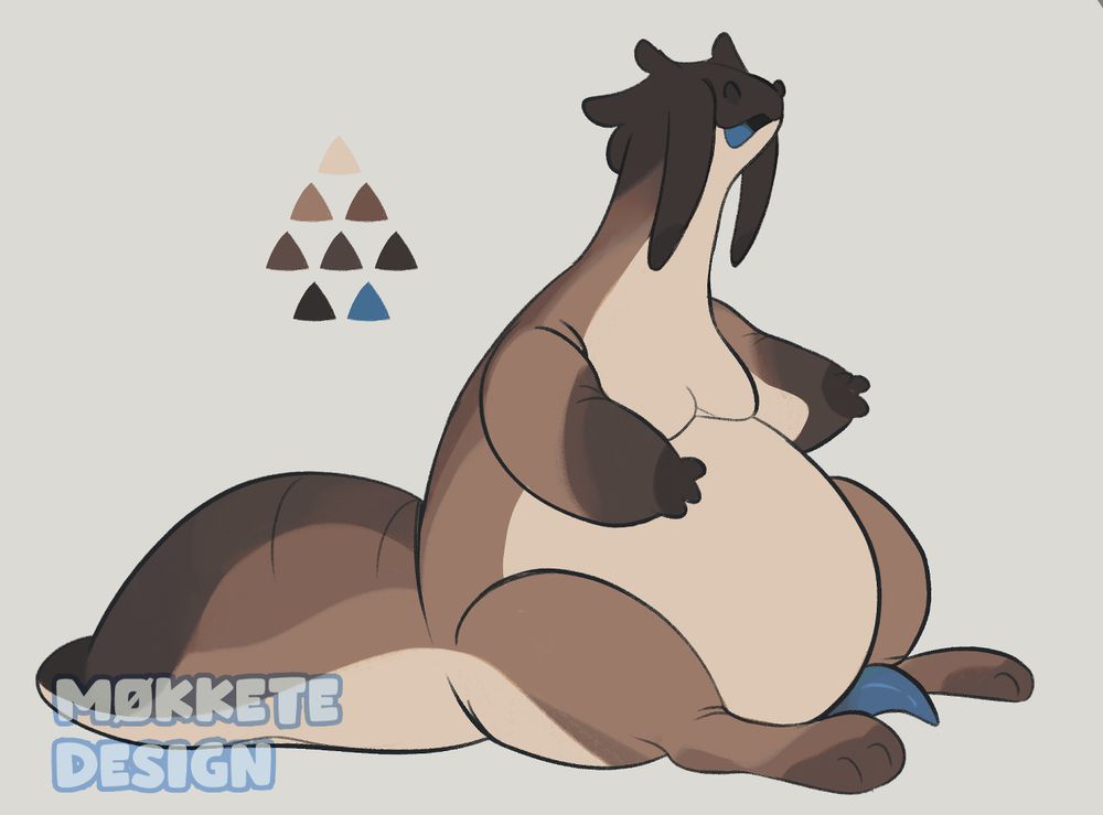 a primarily brown in color, fat slug dragon creature is sitting and smiling. in this image, its dick is out!