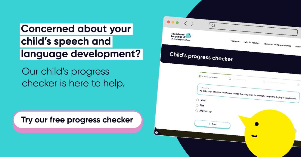 Advertisement for a child's speech and language development progress checker, featuring a graphic of a computer screen displaying the tool, with a 'Try our free progress checker' button and a cheerful yellow face icon.