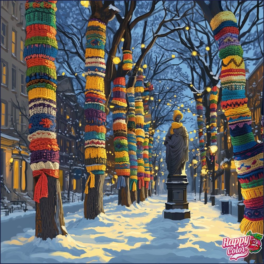 ausgemalt es Bild eines städtischen Platzes im Winter bei Nacht, Blick auf eine Statue in der Mitte, eingerahmt von hohen Bäumen, die jeweils kunterbunt streifenweise eingestrickt wurden