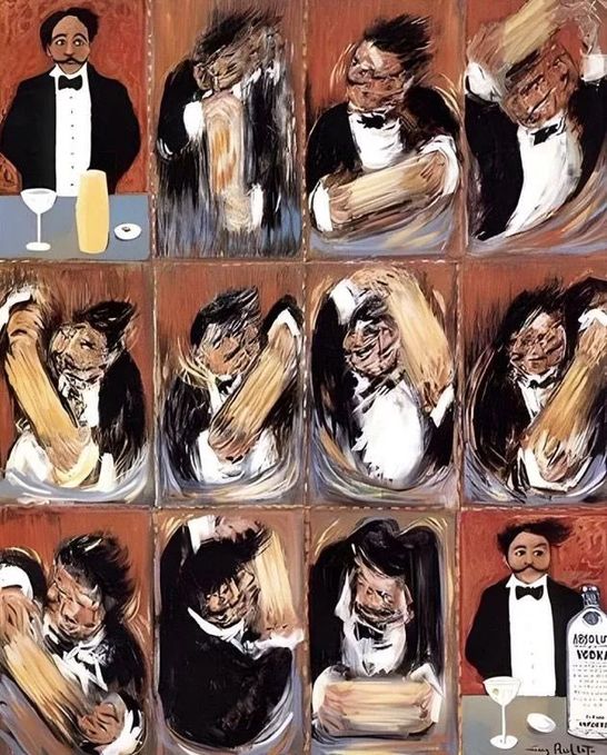 Painting with 12 mini pics: On every pic is a bartender in black tuxedo, white button-down and bow tie who is mixing the perfect Martini. On every picture is the next step of mixing.