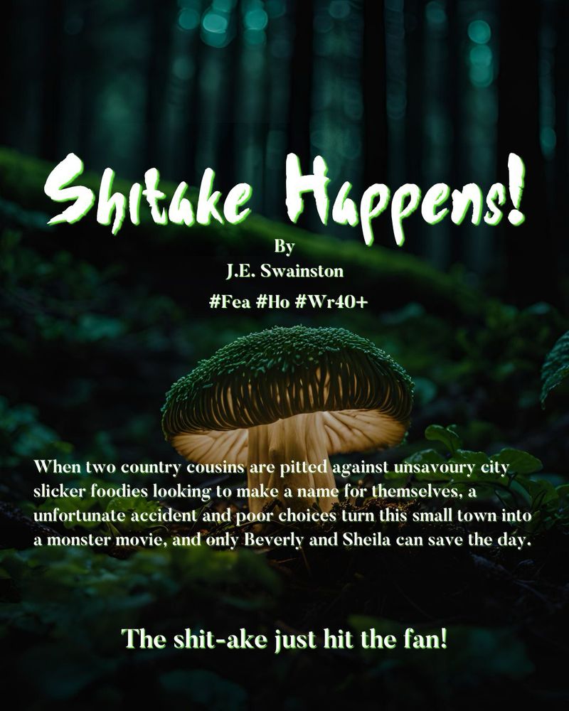 Movie poster of a radioactive mushroom for a comedy horror movie called Shitake Happens!