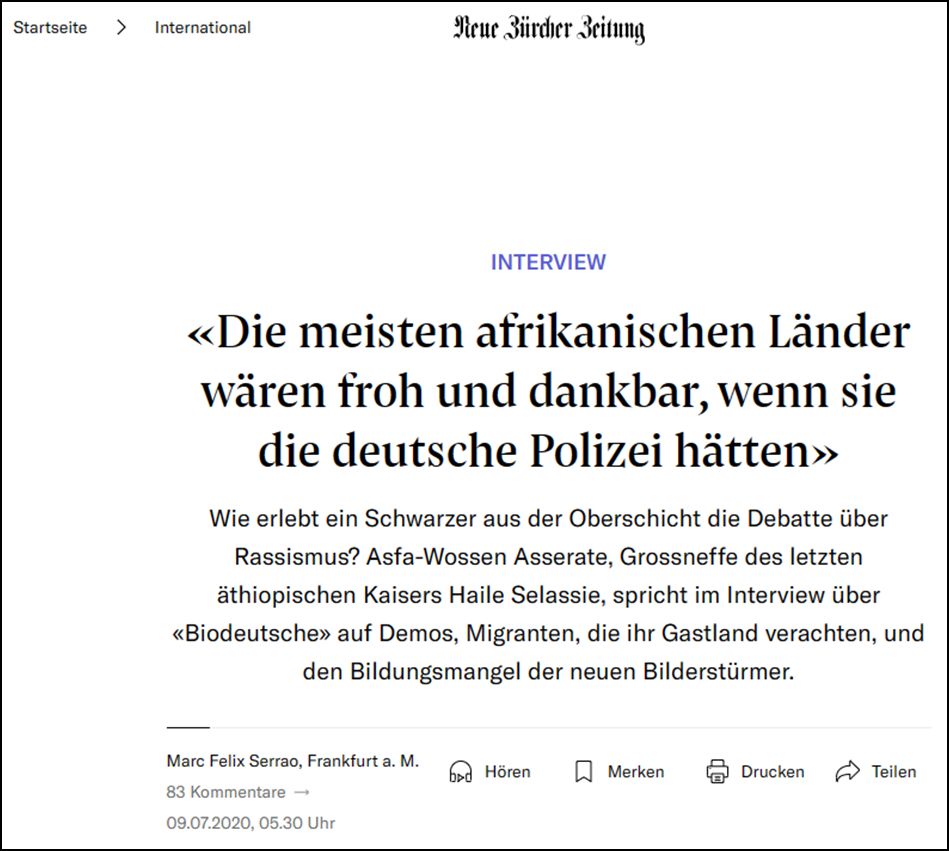 Auszug aus der NZZ. „Die meisten afrikanischen Länder wären froh und dankbar, wenn sie die deutsche Polizei hätten“.