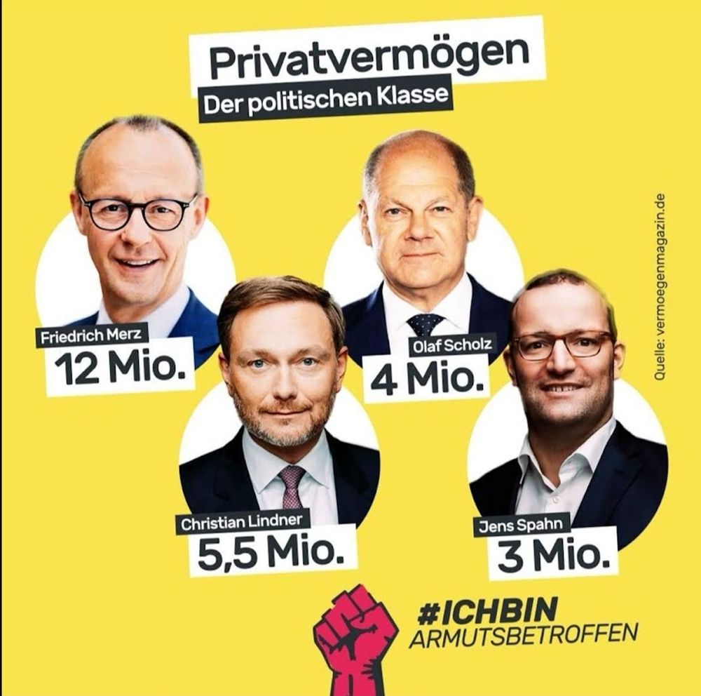 Privatvermögen der politischen Klasse:
Friedrich Merz 12 Mio.
Christian Lindner 5,5 Mio.
Olaf Scholz 4 Mio.
Jens Spahn 3 Mio.
