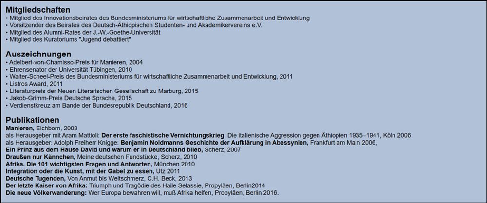 Screenshot von Afroweb und seinen Auszeichnungen, darunter Ehrensenator der Universität Tübingen, Jakob-Grimme-Preis Deutsche Sprache, Verdienstkreuz am Bande der Bundesrepublik 2016 … .