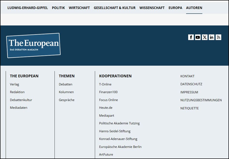 Kooperationen: T-Online, finanzen100, Focus Online, heute.de, Mediapart, Politische Akademie Tutzing, Hanns-Seidel-Stiftung, Konrad-Adenauer-Stiftung, Europäische Akademie Berlin, ArtFuture.