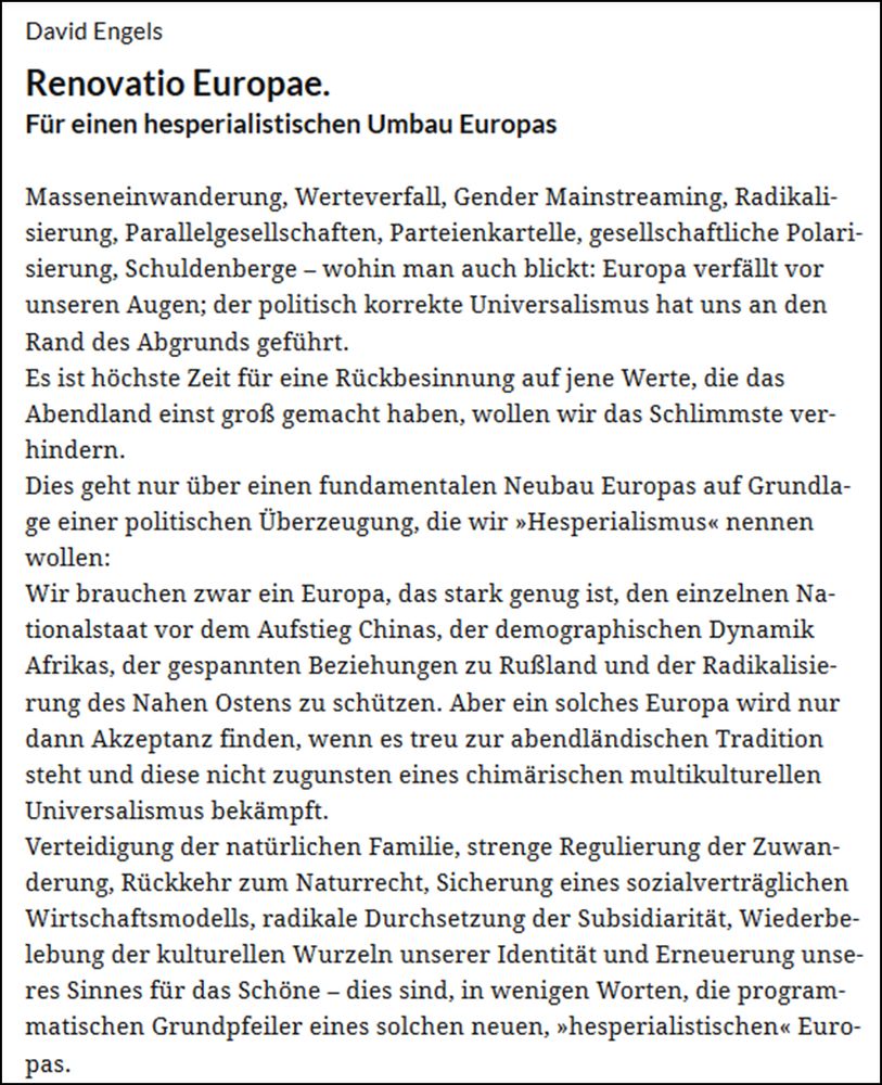 Screenshot belegt die Angaben im Text und trägt den Titel "Renovatio Europae. Für einen hesperialistischen Umbau Europas".