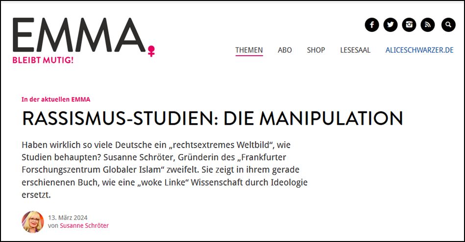 Susanne Schröter in der EMMA: Rassismus-Studien: Die Manipulation!